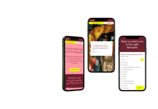 A therapy matching app, showcasing the Home screen, a matching quiz, and therapist profile image, highlighting how we work to connect users with mental health services. Software development of the online therapy app done by zendev.